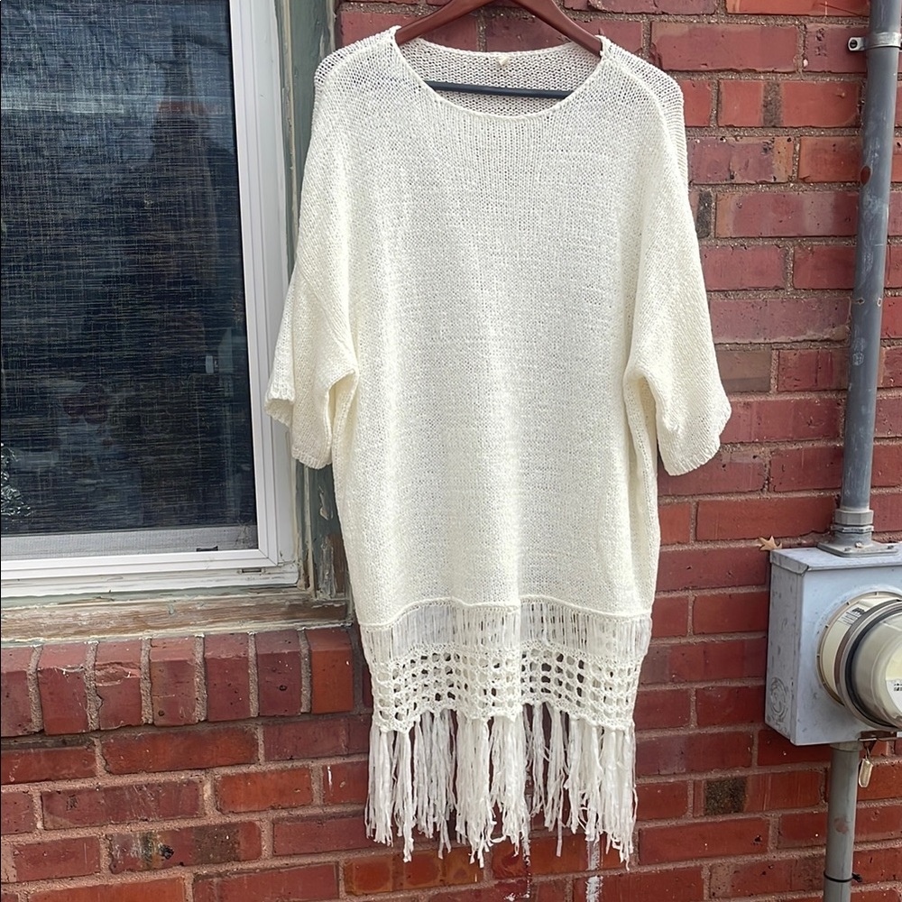 Moth Cream Tunic with Fringe and Open Knit